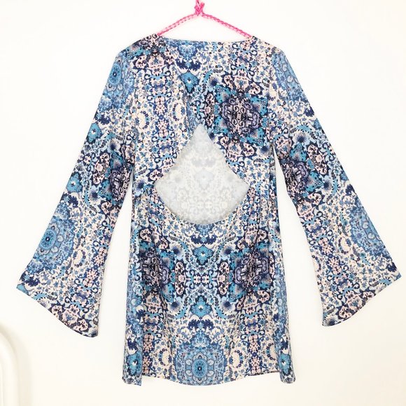 Stunning 70s Bohemian Bell Flare Sleeve Mini Dress - Picture 6 of 7